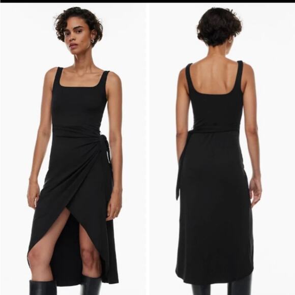 Wilfred Saturn Midi Black Tank Dress XL High Low Aritzia Viscose Stretch Sexy - Picture 2 of 15